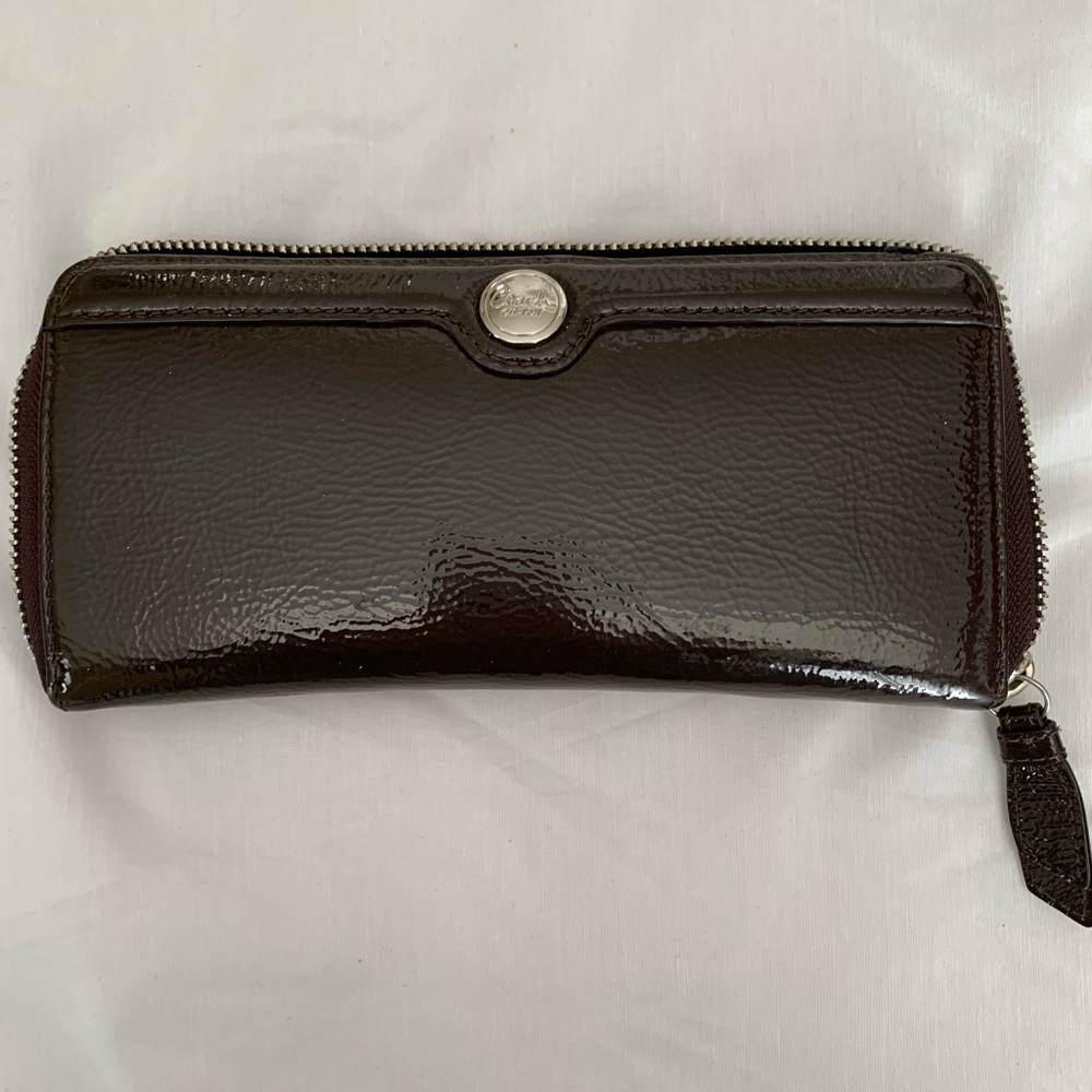 Coach Patent Leather Zip Wallet in Dark Brown